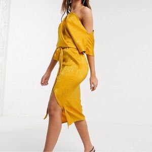 Flounce London yellow satin one shoulder dress